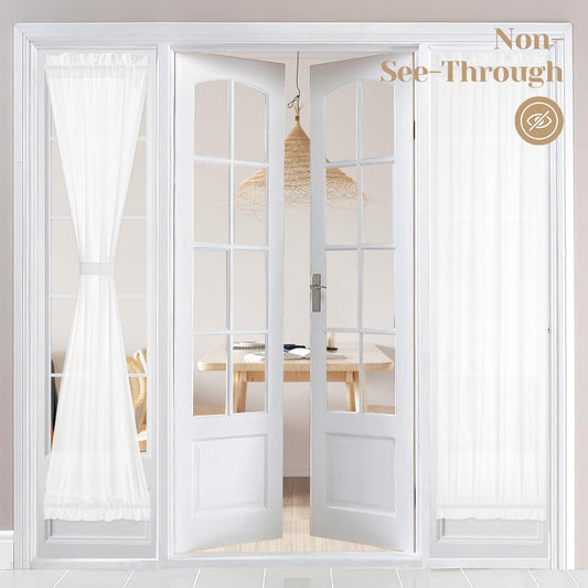 HOMEIDEAS Non-See-Through French Door Curtains Set of 2 for Front Door, Light Filtering Privacy Semi Sheer Window Curtains with Rod Pocket and Tie Back, White, 26W X 72L Inch