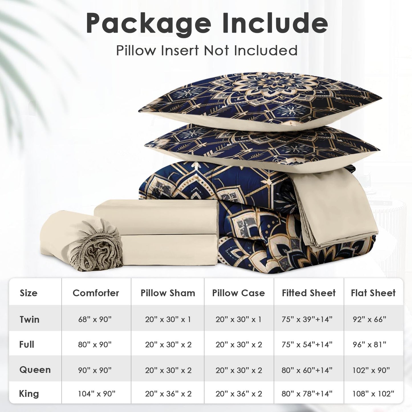 Boewywh Comforter Set Twin Size Mandala Boho Geometric 7 Pcs, Bedding for Kids and Adults, Southwestern Blue Bed Sheet Sets with Fitted Sheet 2 Pillowcases & 2 Shams for Bedroom Bed Decor
