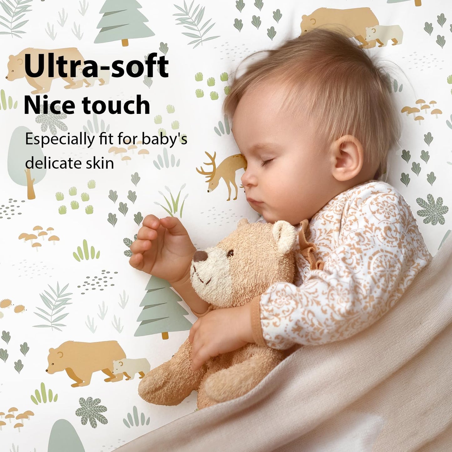 FIEMOL Baby Crib Sheets for Boys and Girls, 3 Pack Fitted Crib Sheets Neutral for 52”x28” Standard Crib and Toddler Mattresses, Ultra Soft & Silky Smooth Microfiber Green Forest Bear