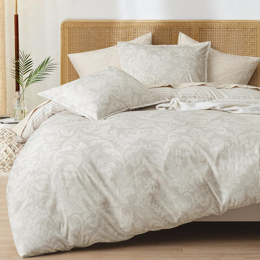 PHF Ultra Soft Floral Duvet Cover Queen Size, Printed Bedding Set 3 Pieces, Comfy Farmhouse Pattern Duvet Cover Set with 2 Pillow Shams, Zipper Closure and 8 Ties, 90"x90", Paisley-Beige