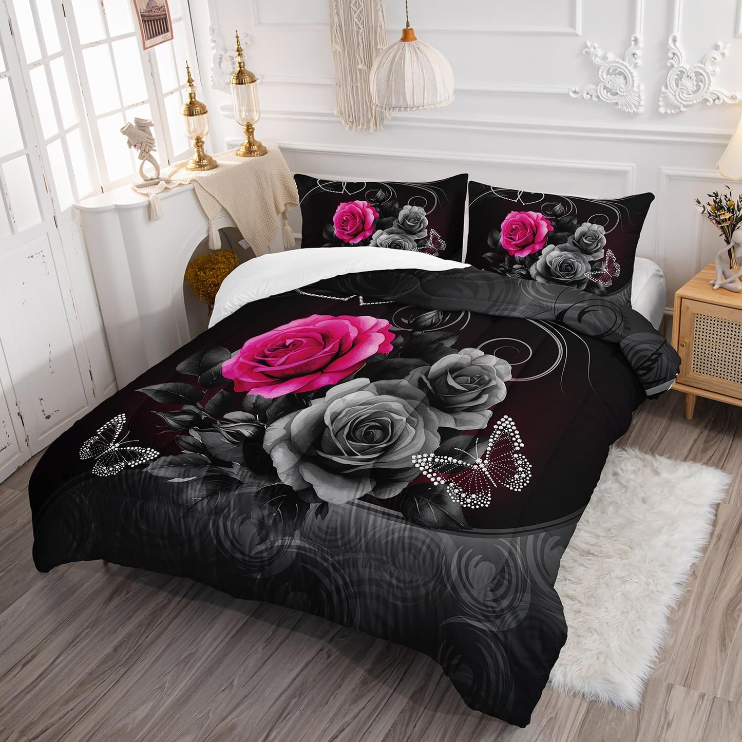 AILONEN 3D Rose Comforter Set Queen Size, 3D Oil Red Rose with Hearts Couple Lover Bedding Set for Girls,Women,Valentine Romantic Theme Duvet Set,3-Pieces, 1 Quilt and 2 Pillowcases