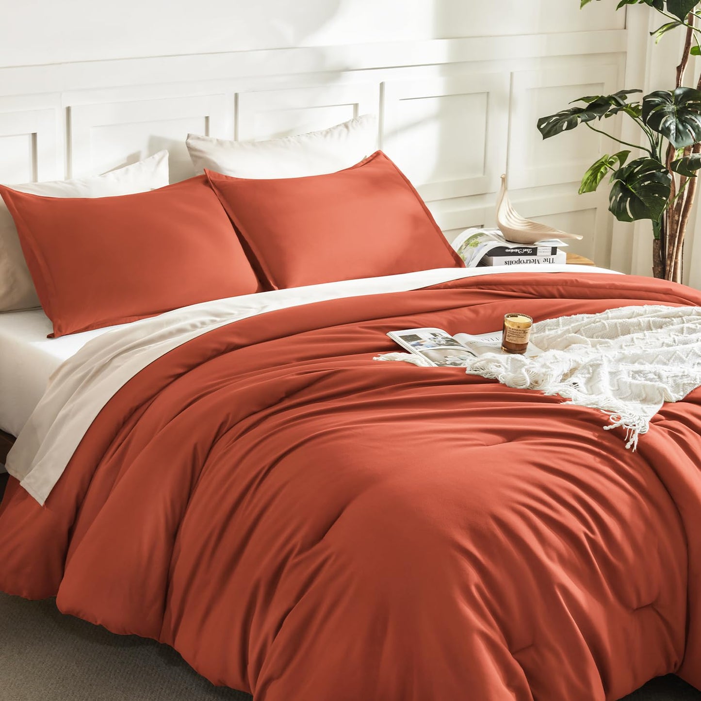 Litanika Comforter King Size Bed Set Burnt Orange, 3 Pieces Terracotta Boho Lightweight Fluffy Solid Bedding Comforter Set, Rust All Season (104x90In Comforter & 2 Pillowcases)