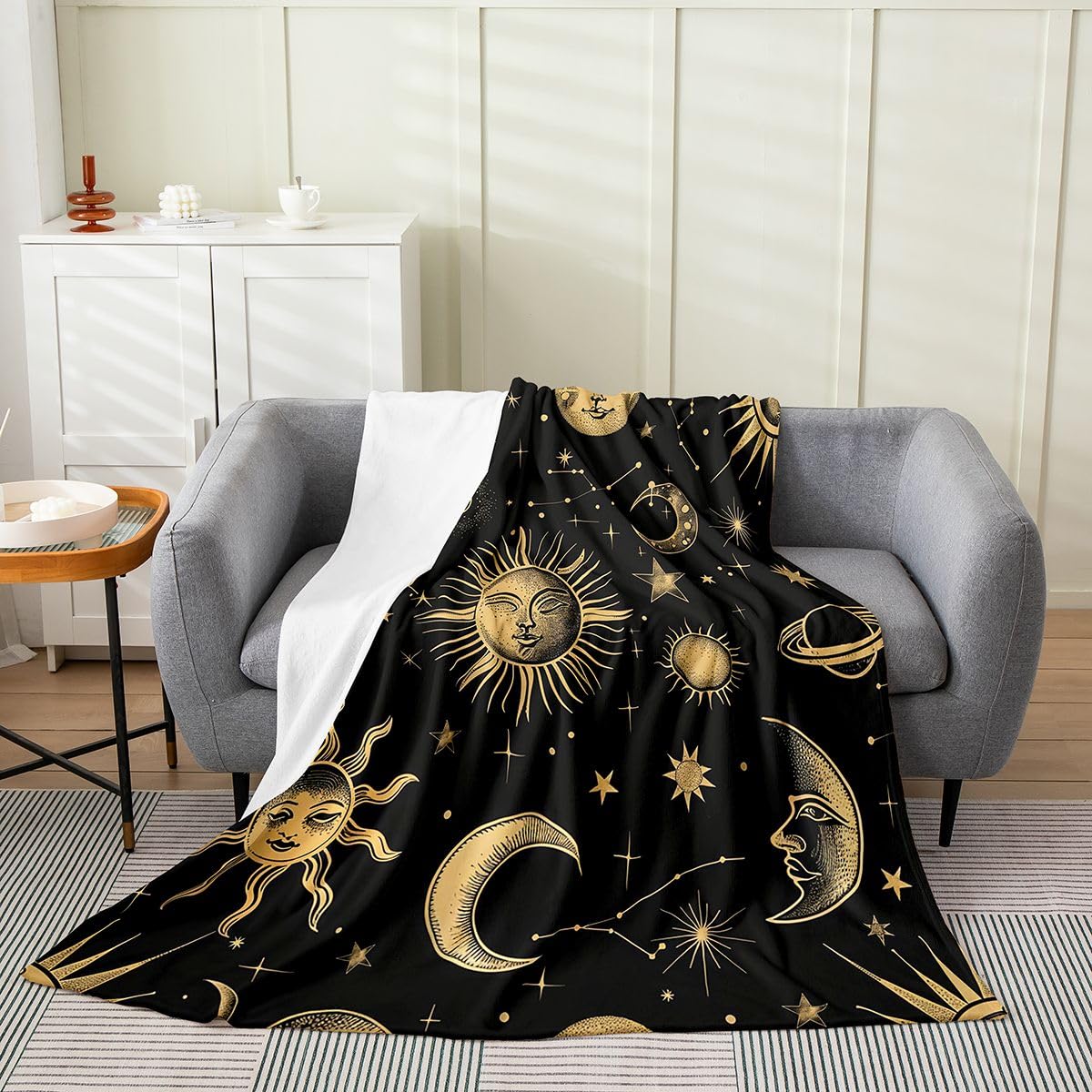 Feelyou Sun Moon Fleece Throw Blanket Halloween Flannel Blanket Plush Fuzzy Bohemian for Bed Couch Chair Living Room Galaxy 40"x50" Boho Exotic Bedroom Decor