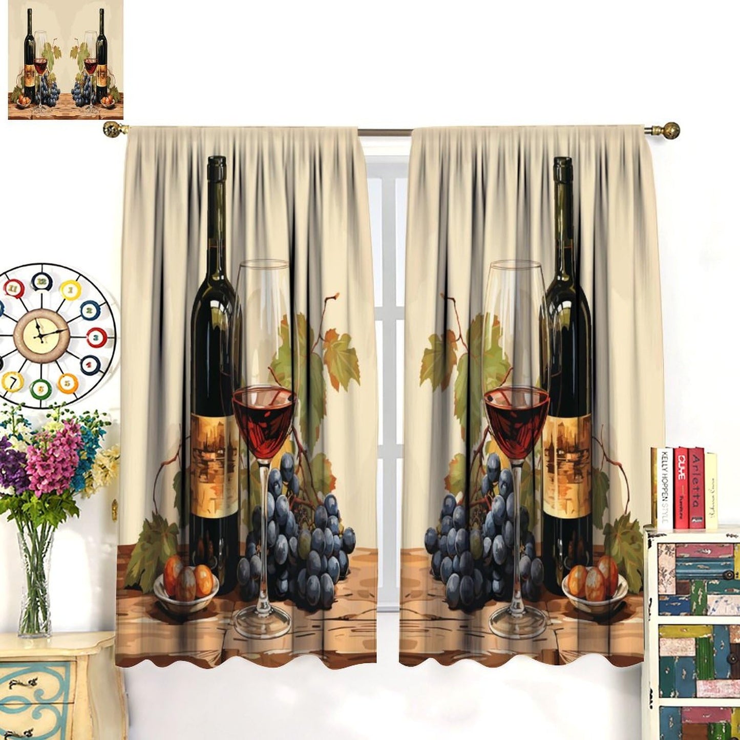 JADERYS Red Wine Kitchen Curtains Bottles Glasses Grapes Retro Abstract Bedroom Living Room Blackout Rod Pocket Decoration Window Drapes 2 Panels W21xL45in
