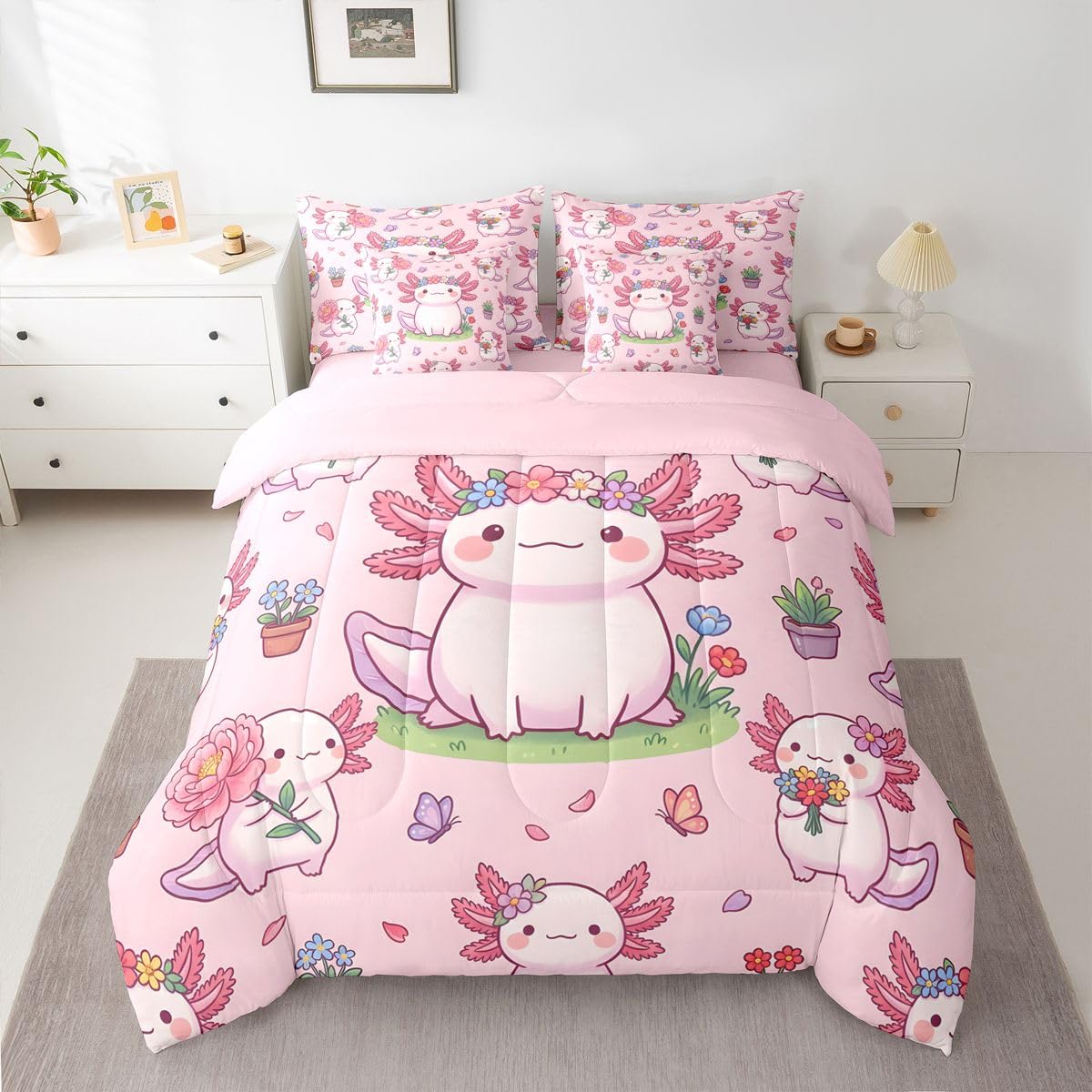Kids Cartoon Axolotl Twin Size Bedding Set for Girls Pink Flower Floral 7 Pieces Comforter Set with Sheets for Preteen Girly Pink Axolotl Bed in a Bag for Teens Spring Garden Blossom Bed Sets