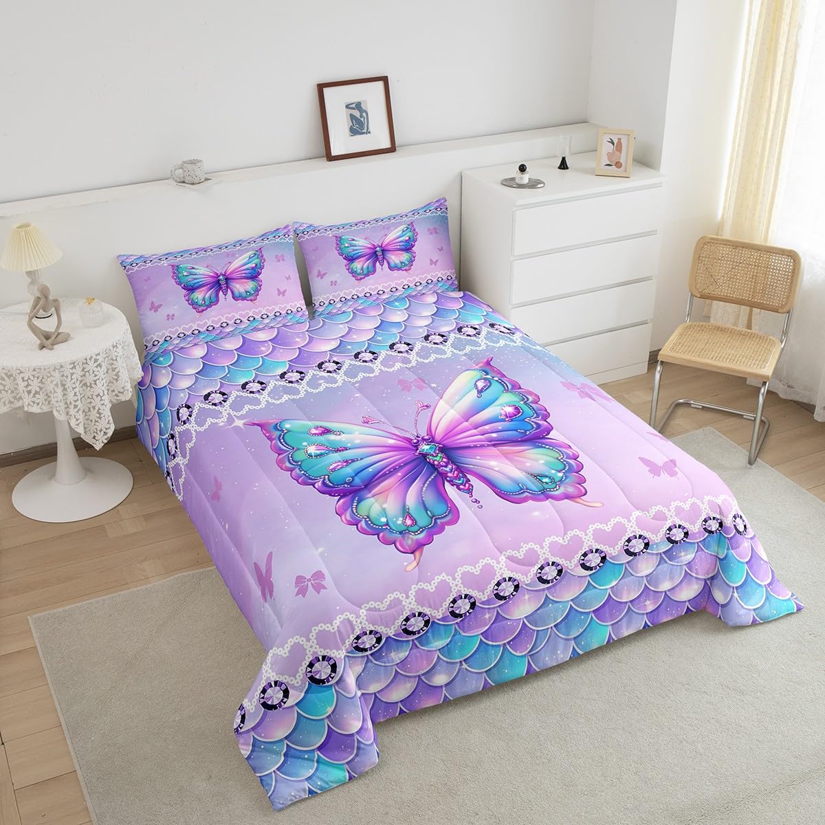 Erosebridal Butterfly Queen Size Bedding Set 3 Piece, Mermaid Scales Down Comforter for Kids Girls Women Room, Kawaii Love Heart Comforter Set, Dreamy Princess Maeine Life Quilt, Purple Blue
