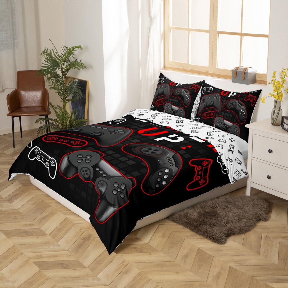 Homewish Gaming Duvet Cover Set King Size,Video Games Comforter Cover 3Pcs,Black White Gamepad Reversible Print Bedding Set for Kids Girls Boys Teens Room Decor,Modern Chic Quilt Cover,2 Pillowcases