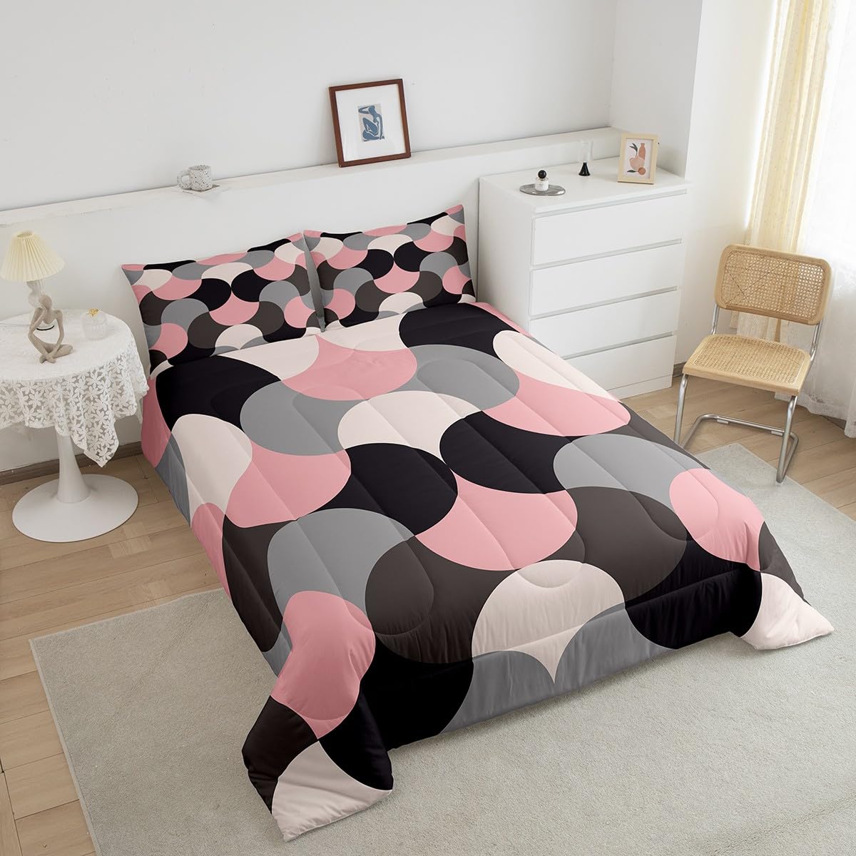 Feelyou Geometric Print Bedding Set Geometric Pink Grey Black Comforter Set for Kids Boys Girls Teens Decor Modern Art Comforter Luxury Abstract Art Duvet Set Queen Size 3Pcs Quilt Set