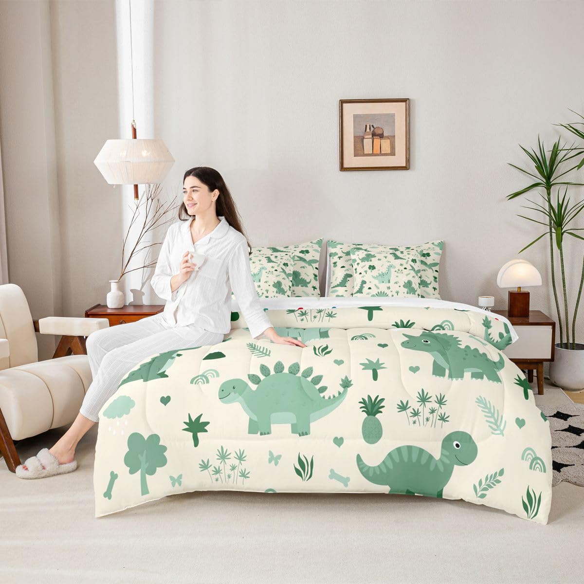 Feelyou Kids Cute Dinosaur Full Comforter Set with Sheets for Kids Boys Girls Boys Green Dinosaur 7 Pieces Bedding Set Cartoon Cute Animal Bed in a Bag Room Decor Soft Lightweight Microfiber