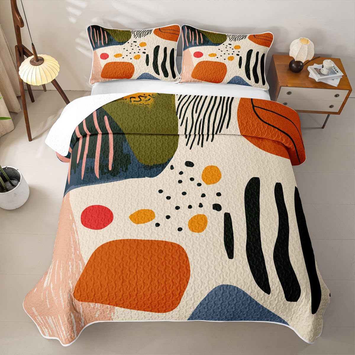Erosebridal Mid Century Boho King Quilt Bedding Set Boho Orange Abstract Summer Lightweight Bedspread Geometric Aesthetic Coverlet for Kids Adults Contemporary Minimalist Quilted Comforter 3 Pieces