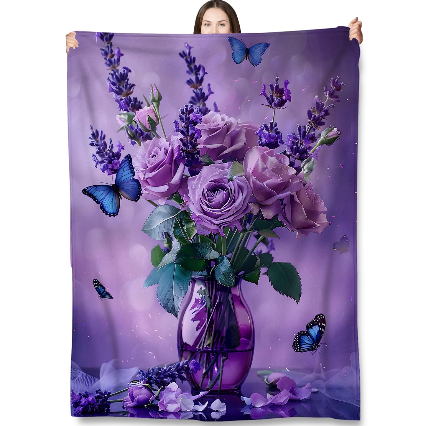Turamurra Purple Rose Bouquet Throw Blanket Gifts for Kids Women, Lavender Roses with Butterfly Floral Blankets for Couch, Bedroom, Living Room Home Decor, Fuzzy Warm Flannel Plush 50"x60"