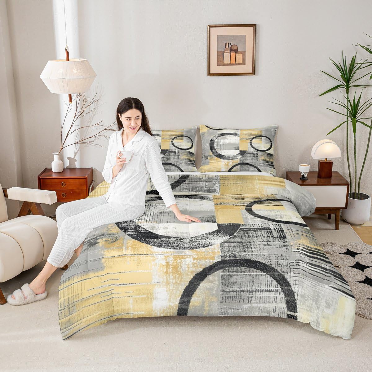 Feelyou Abstract Comforter Set Full Size Modern Abstract Art Bedding Set Geometric Duvet Quilt Luxury Bedroom Decor Yellow 3 Pcs with 2 Pillow Cases