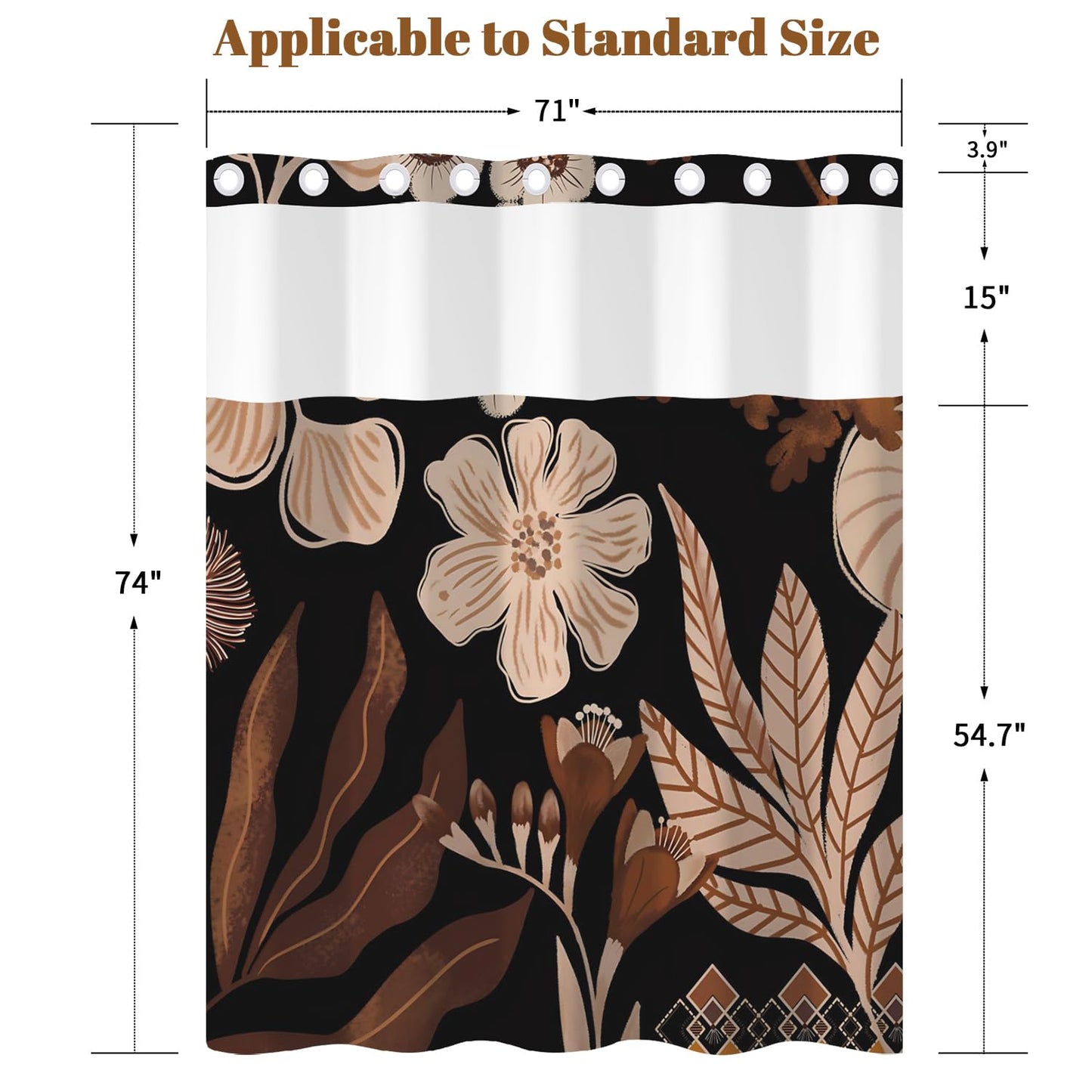 Xiazhilaio Dark Floral Shower Curtain No Hooks with Liner - 71″W x 74″L Waterproof Fabric with Mesh Top Window, Abstract Botanical Plant Leaves Pattern Bath Curtain for Boho Modern Bathroom Decor