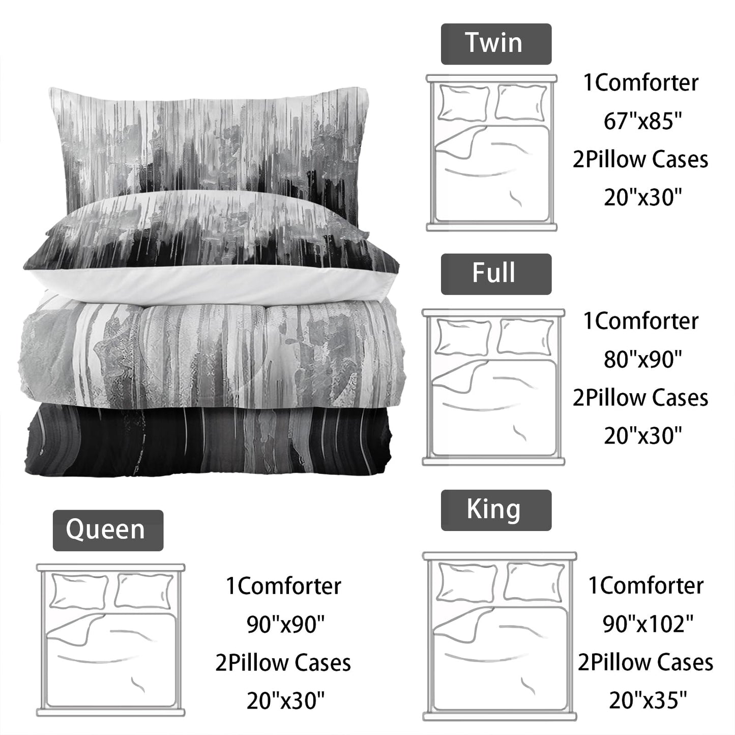 Nttopship Grey Black White Gradient Print Comforter Set Queen Size,Abstract Art Bedding Set,Patchwork Printed Quilted Set for Teens Adult,with 1 Comforter and 2 Pillow Case