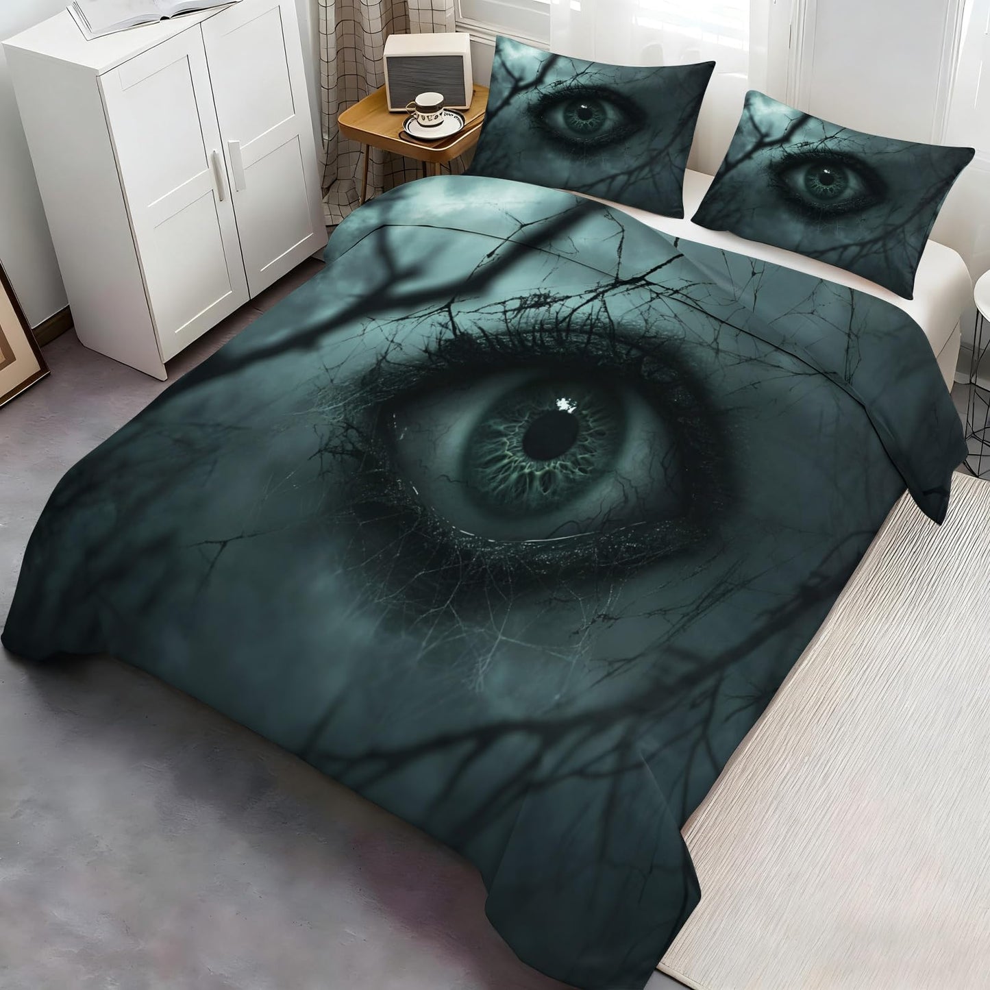 PAISUOQ Gothic Bedding Sets Full, Horror Eyes Comforter Cover with Zipper Ties, Dark Black Duvet Cover with 2 Pillowcases, 3 Pieces，Bedroom Decor & Gifts