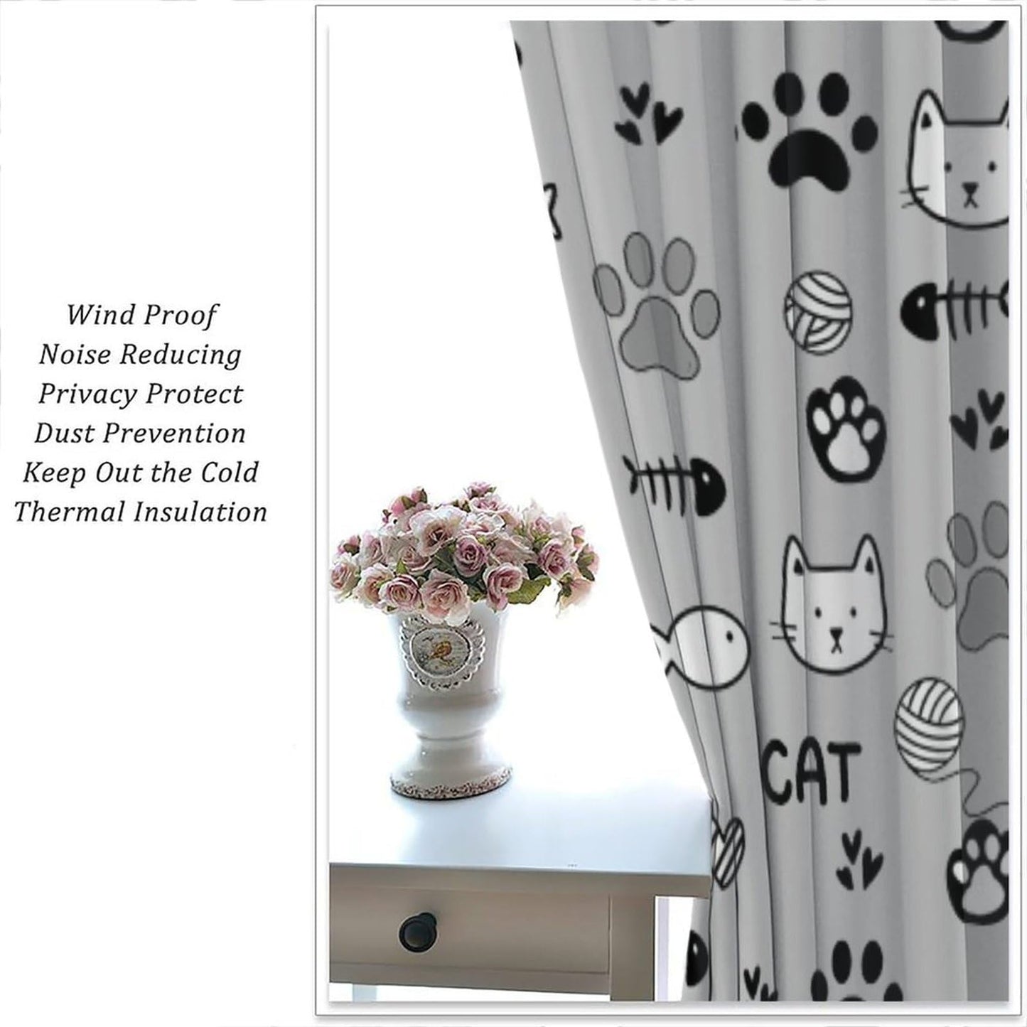DDCBNS Cartoon Cats Blackout Curtains for Kids,Gray and White Cute Animals Window Treatments for Boys Girls Nursery Bedroom Living Room Décor,2 Panels Set,Total Size 42 x 45 Inch