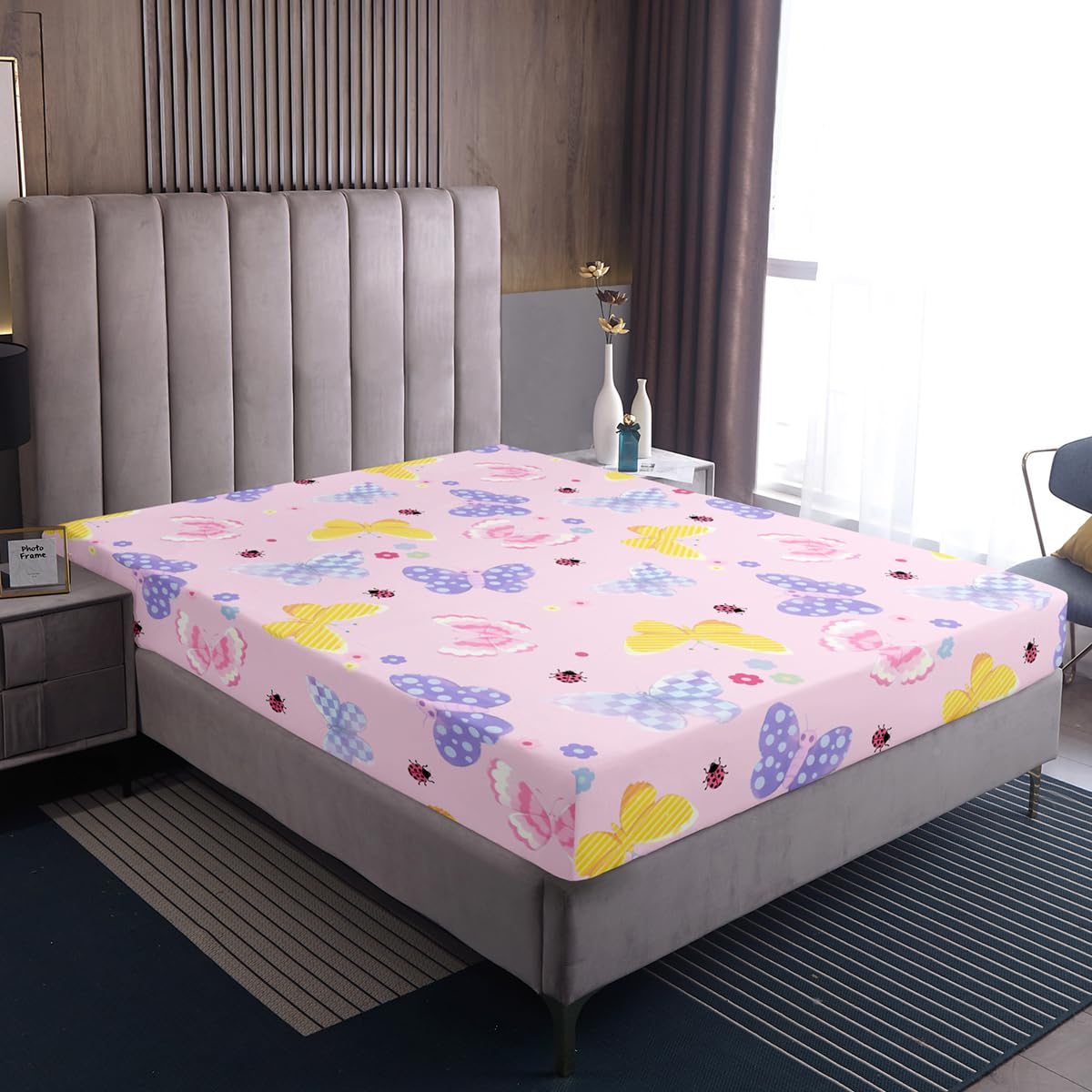 Feelyou Butterflies Fitted Sheet Twin Size for Kids Boys Girls Butterfly Printed Pattern Bed Sheets Set 16" Deep Pocket Cute Flowers Bedding with 1 Pillowcase Purple Blue Checked Room Decor