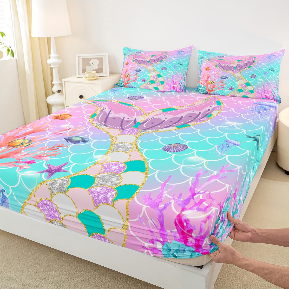 Mermaid Tail Fitted Sheet,Kids Fish Scales Bed Sheets Full,Girly Rainbow Sheet Set Ocean Life Sea Animal Flat Sheet Teal Sequins Pastel Pink Paillette Bedroom Decor,Multicolor
