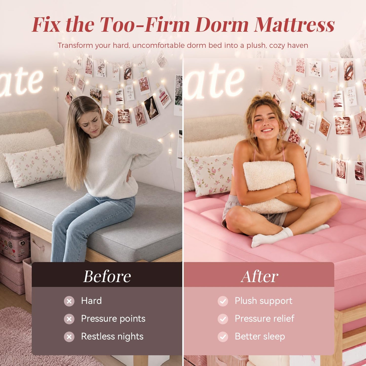 ELEMUSE 4 Inch Pink Dorm Twin XL Dual Layer Memory Foam Mattress Topper College Essentials for Girls, 2 Inch Cooling Gel Foam with 2 Inch Plush PillowTop, Aesthetic Pressure Relief Comfortable Support