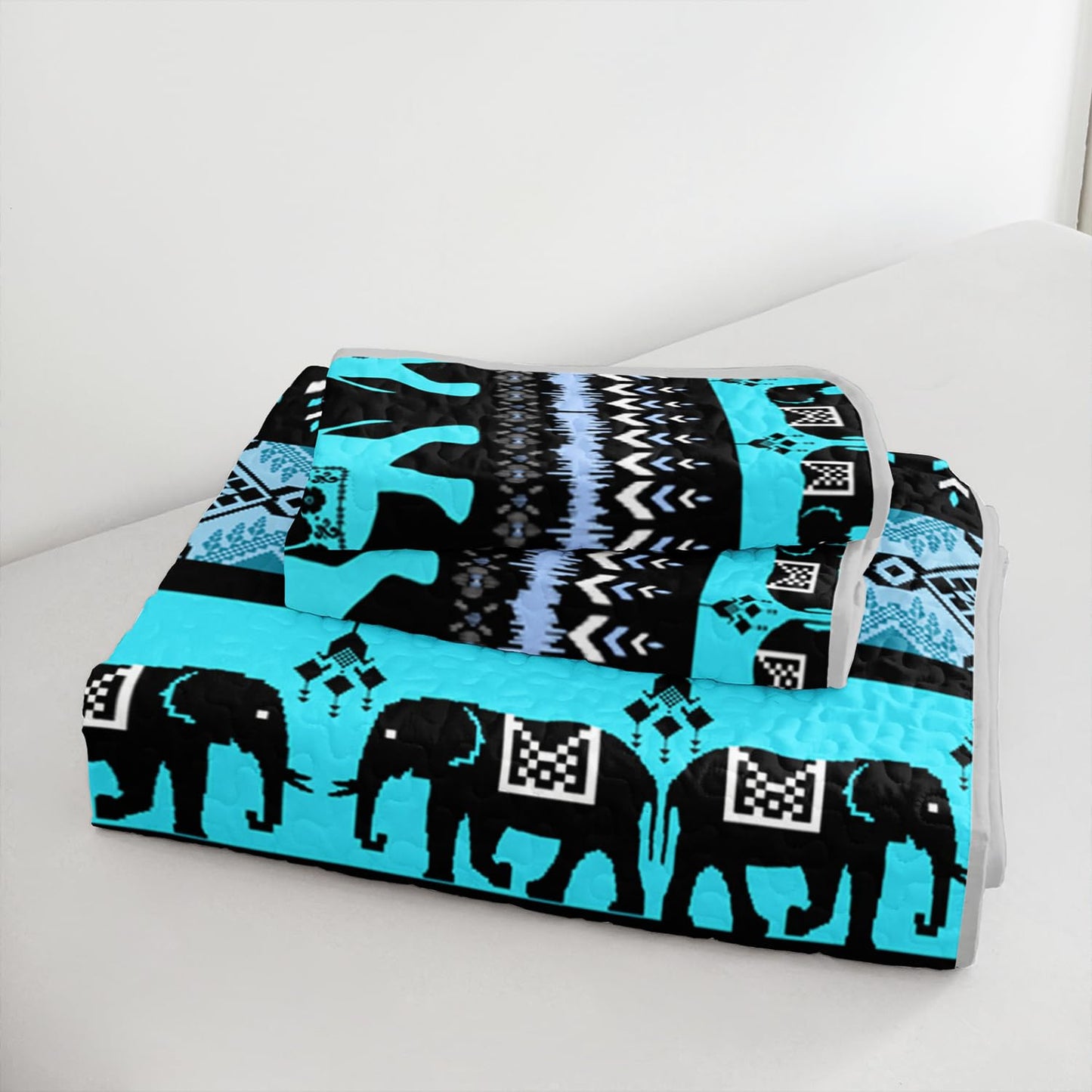 UEVBF Blue Elephant Queen Quilted Bedding Sets,Boho Style Bedding Summer Quilt for Adults Kids,Soft Lightweight Exquisite Quilted Sets with 2 Pillowcases.