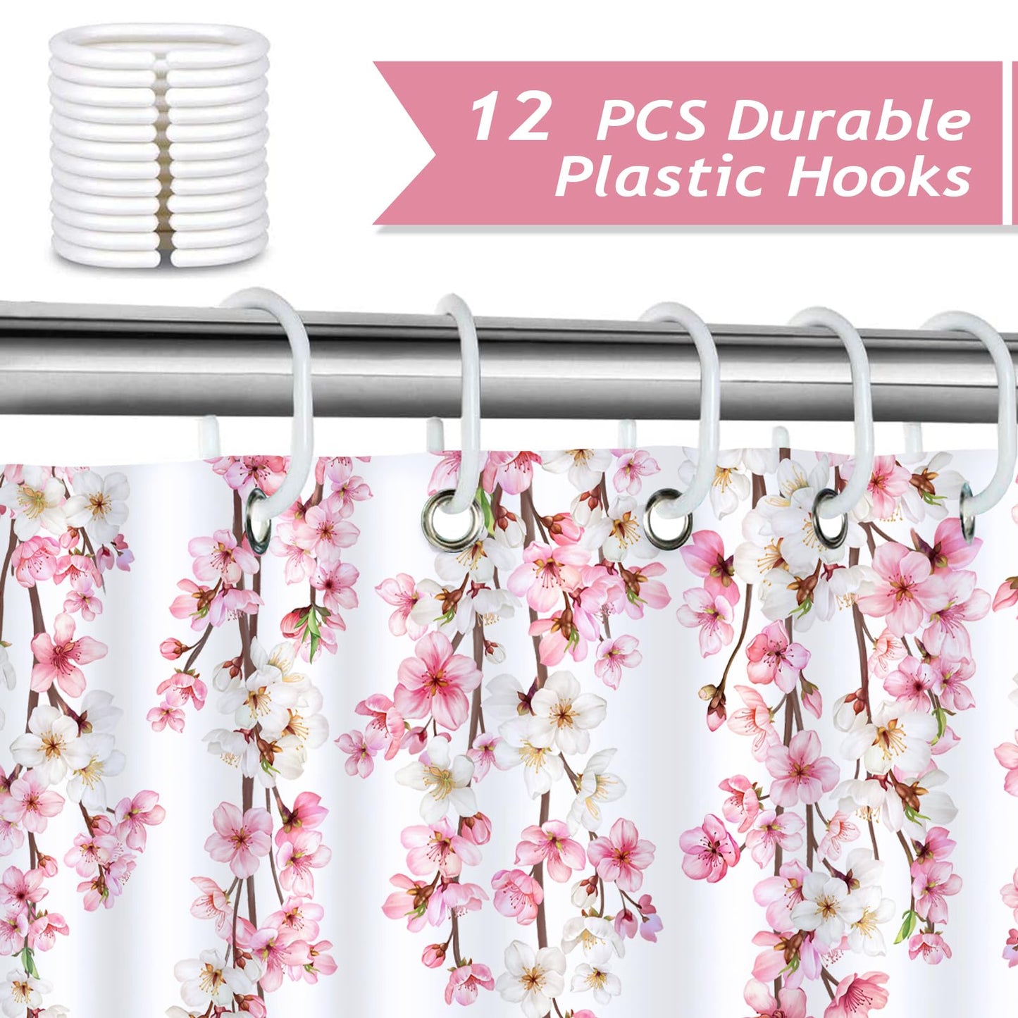 Bonhause Pink Cherry Blossom Shower Curtain, Spring Floral Japanese Sakura Bathroom Decor 72 x 72 Inch Polyester Fabric Waterproof Bath Curtain with 12 Hooks
