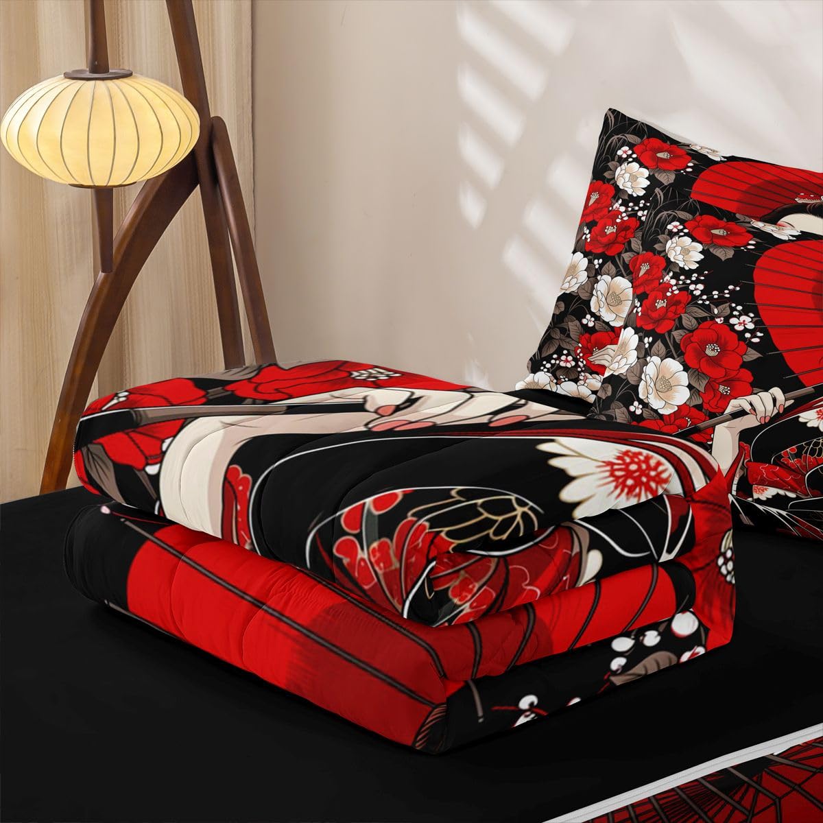 Erosebridal Japanese Zip Up Bedding Comforter Sets Twin Size, Geisha Comforter in One Zipper - Japan Women Bedding Set with Pillowcases