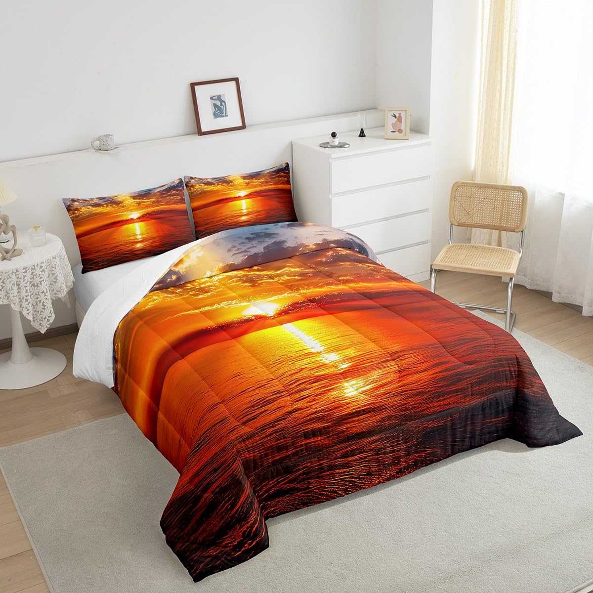 Manfei Sea Sunset Comforter Set Twin Size, Ocean Natural Landscape Bedding Set 2pcs for Kids Boys Girls Room Decor, Ocean Theme Down Comforter with 1 Pillowcase, No Sheets