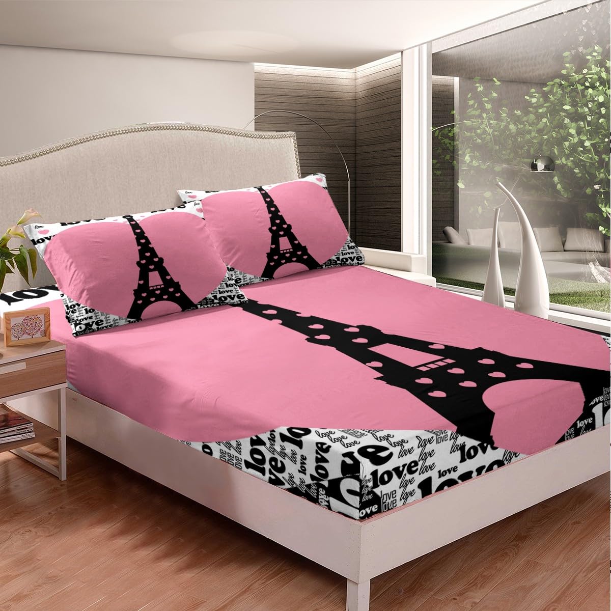 Eiffel Tower Fitted Sheet Full 3 Pcs,French Streets Graffiti Style Sheets Sets Breathable Bedding(No Top Sheet),Romantic Pink Hearts Bed Sheet with Deep Pocket,Modern Fashion Bed Cover