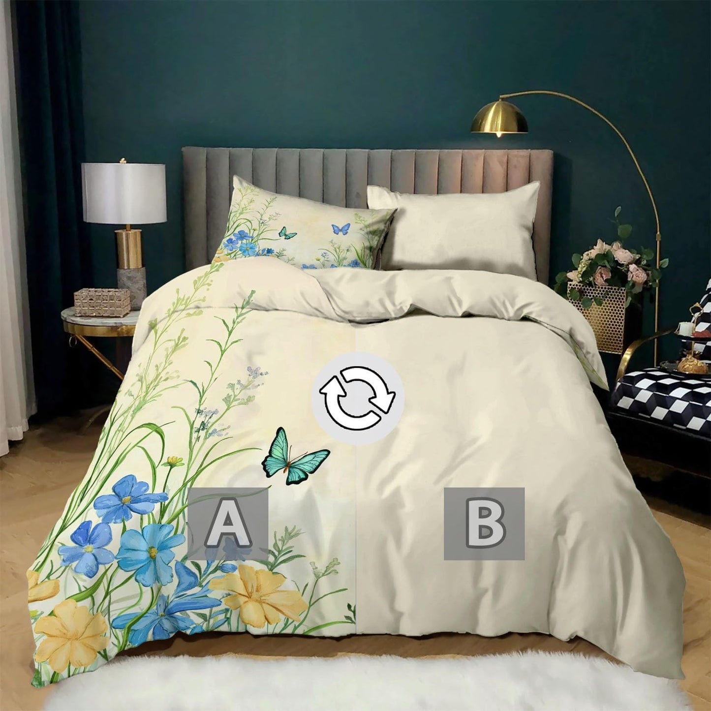 Twin Duvet Cover Set - Countryside Flower Field Butterfly Bedding Beige, 2 Piece Set with Zipper Closure, Easy Care Breathable Cozy, 1 Duvet Cover 68 x 90 inches and 1 Pillow Shams