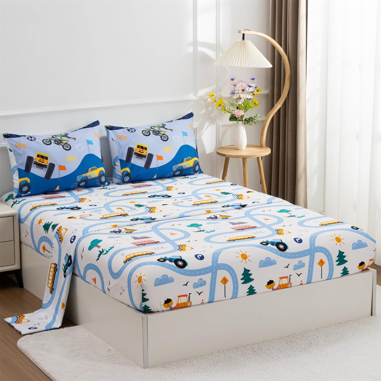 Holawakaka Trucks Tractors Cars Boys 5-Piece Bedding Comforter Sheet Set,Twin Size Cartoon Construction Car Excavator Print Kids Bed in A Bag, Excavator Mixer Truck Printed Bed Sets(Light Blue Twin)