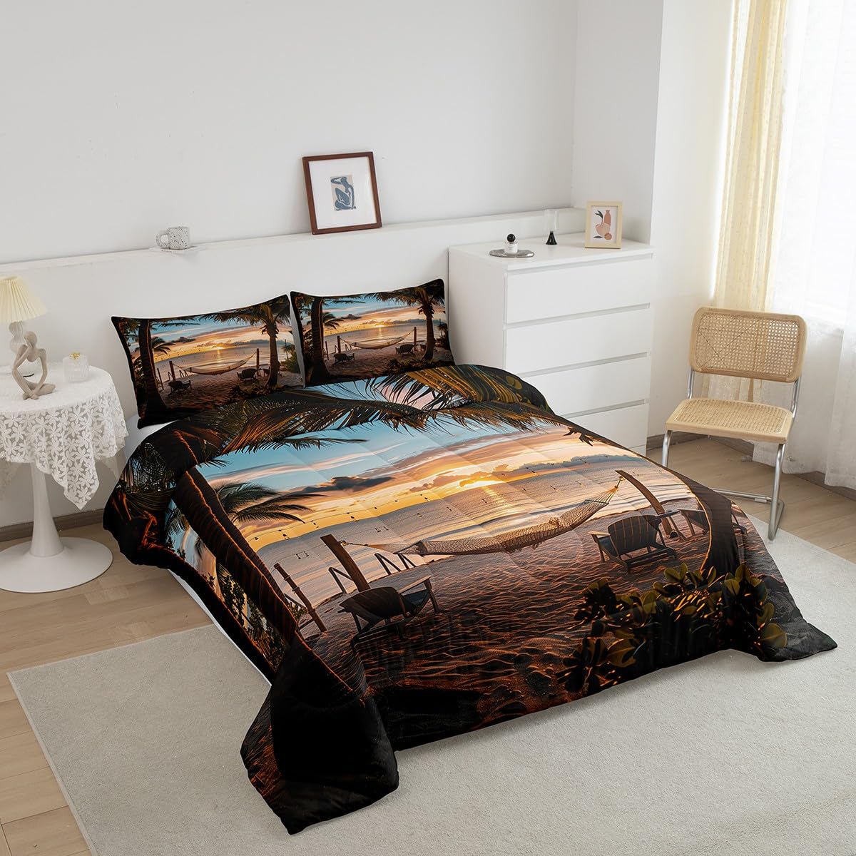 Castle Fairy Seaside Sunset Comforter Queen,Tropical Palm Tree Hawaii Ocean Theme Quilt Comforter with 2 Pillowcases,Sunny Beach Coastal Nature Theme Bedding Set Comfortable,Soft and Breathable