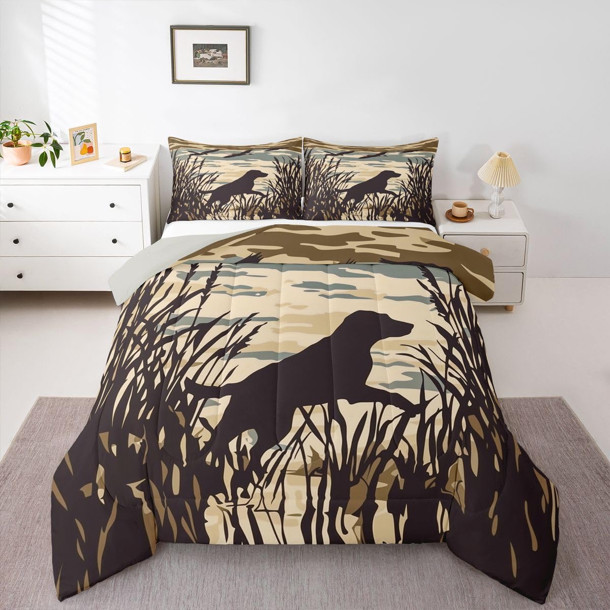 jejeloiu Dog Hunter Bedding Set Soft for Boys Girls, Dog Comforter Set Full Size Farmhouse Theme Duvet Quilt Microfiber Bedroom Decor 3 Pcs with 2 Pillow Cases