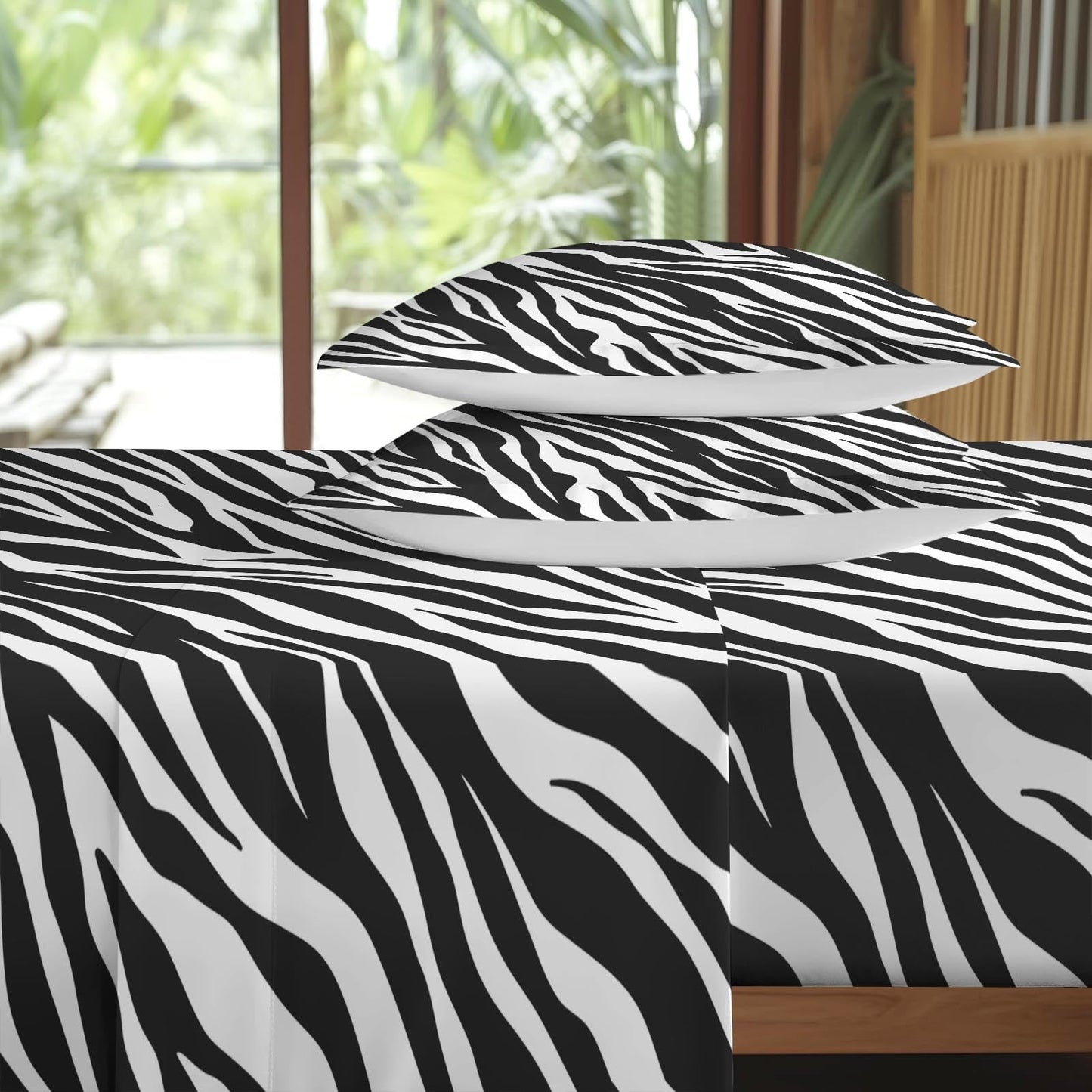 Pamnest Twin Size Bed Sheet Sets, Zebra Stripe Animal Soft Microfiber 3 Pcs Bedding Sets for Kids and Adults Bedroom Bed Decor, Black White Flat, Fitted Sheet and Pillowcases