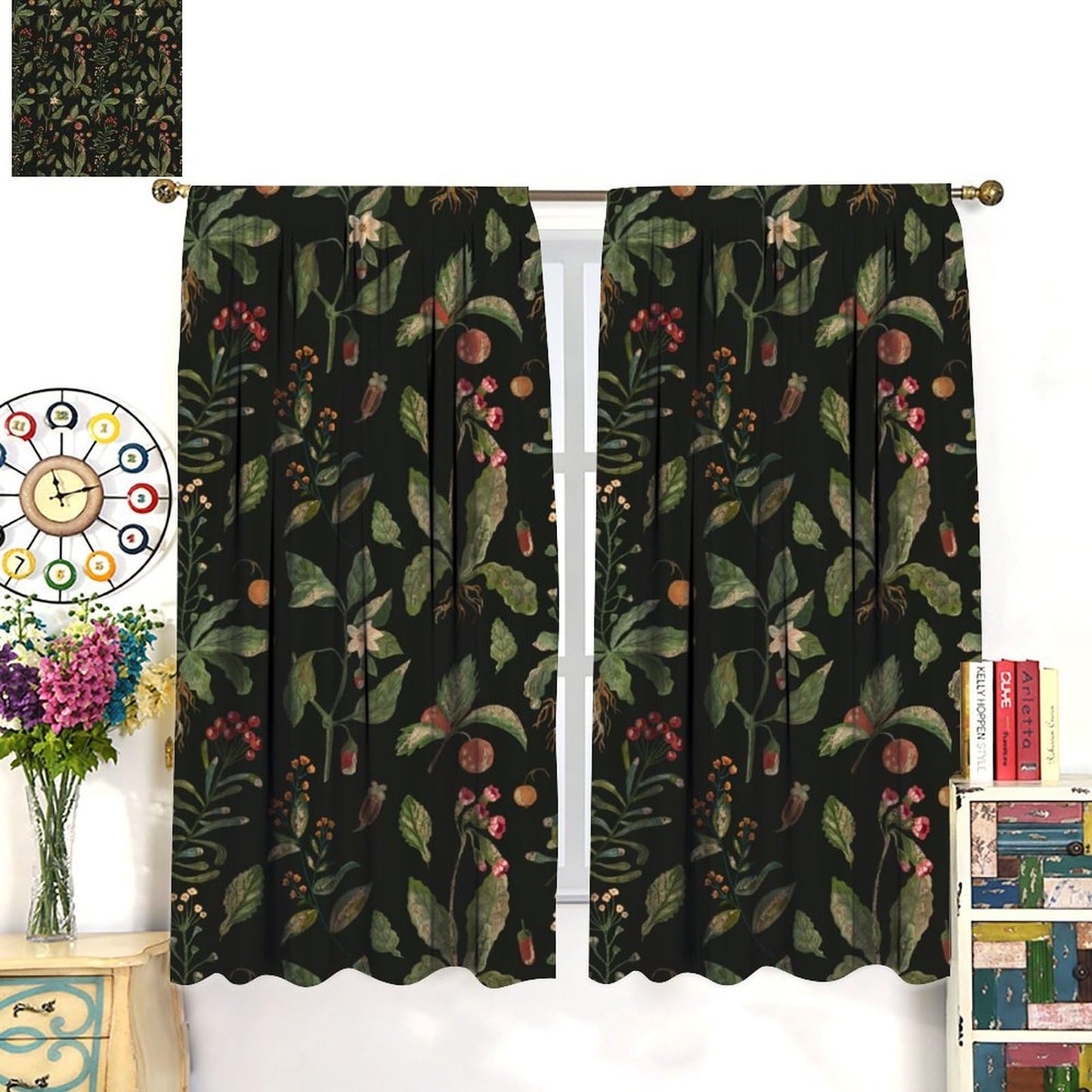 PHTAYOT Black Botanical Curtains, Botanical Green Leaves Boho Plant Flower Floral Spring for Room Window Decor, Rod Pocket Print Drapes for Living Room Bedroom Kitchen 2 Panel Set 20.5" W X 45" L