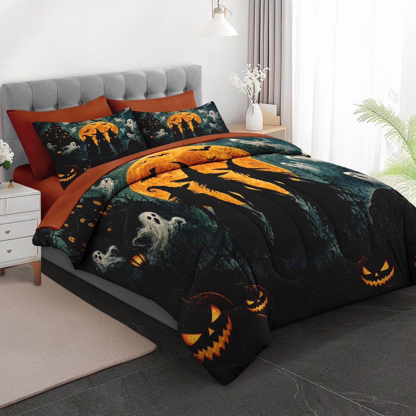 Boewywh Comforter Set Twin Size Halloween Witch Ghost 5 Pcs, Bedding for Kids and Adults, Bed Sheet Sets with Fitted Sheet Pillowcase & Sham for Bedroom Bed Decor