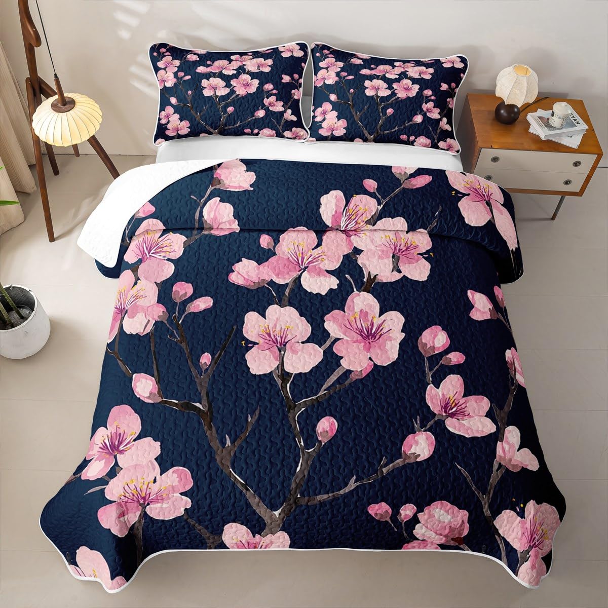 Erosebridal Girl Cherry Blossoms Quilt Set Queen Japanese Style Quilt Pink Flowers Bedding Coverlet Branches Plant Floral Bedspread