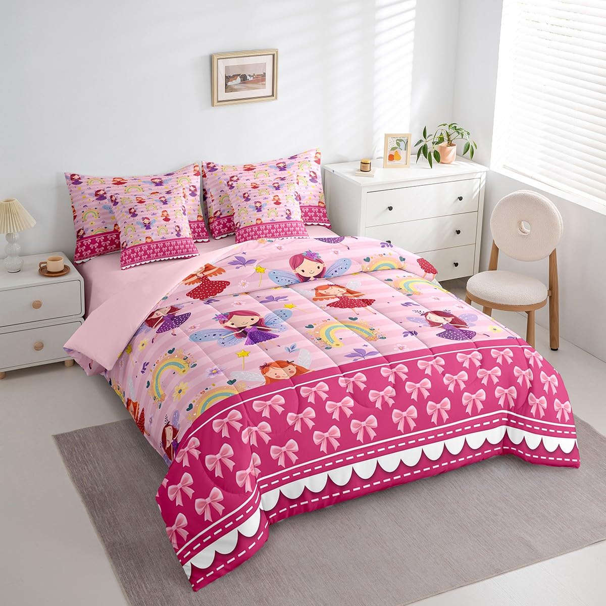 Erosebridal 7 Piece Magical Princess Kids Comforter Set King Bed in a Bag,Rainbow Girls Bedding Set for Child,Dreamy Pink Bowknot Sheet Set,Girly Cute Bow Bed Set,Pale Pink Stripes Duvet Insert