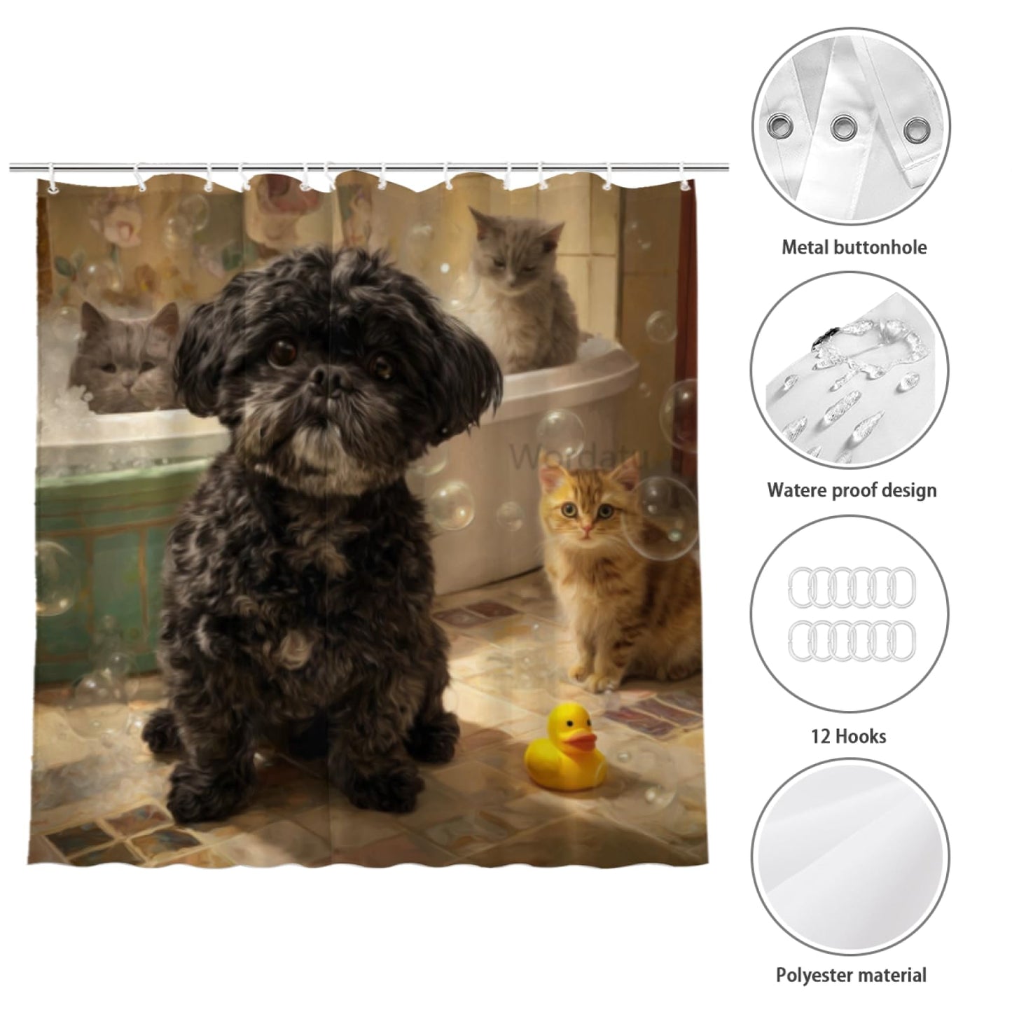 Wordatu Black Shih Tzu Shower Curtain Bathroom Set 72X72 Inches Funny Cat Lovely Animals in Bathtub for Boys Bath Farmhouse Art Home Decor Fabric 12 Hooks