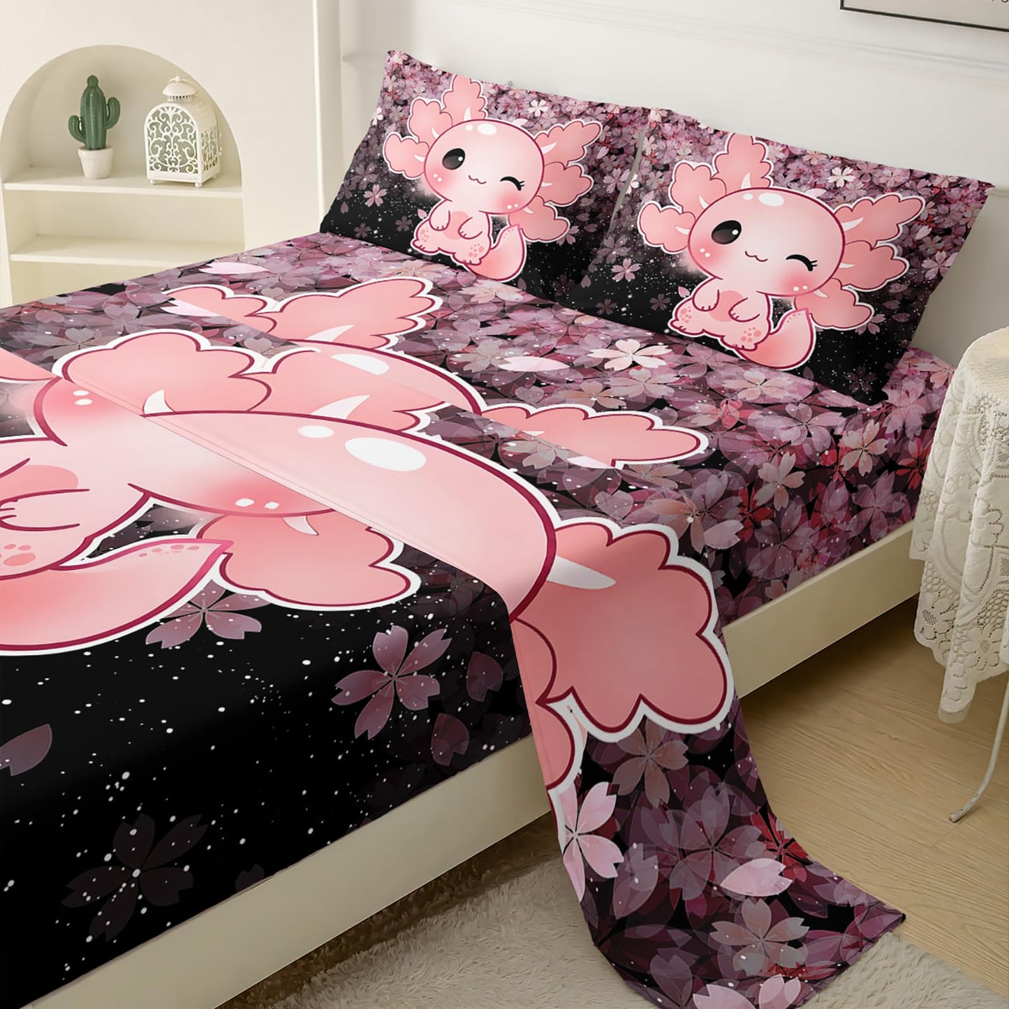 QOOMO Kawaii Axolotl Bedding for Boys and Girls Pink Cherry Blossom Super Soft Kids Bedding Set Sparkling Stars Breathable Room Decoration Twin Size 1 Fitted Sheet, 1 Flat Sheet, 2 Pillow Cases