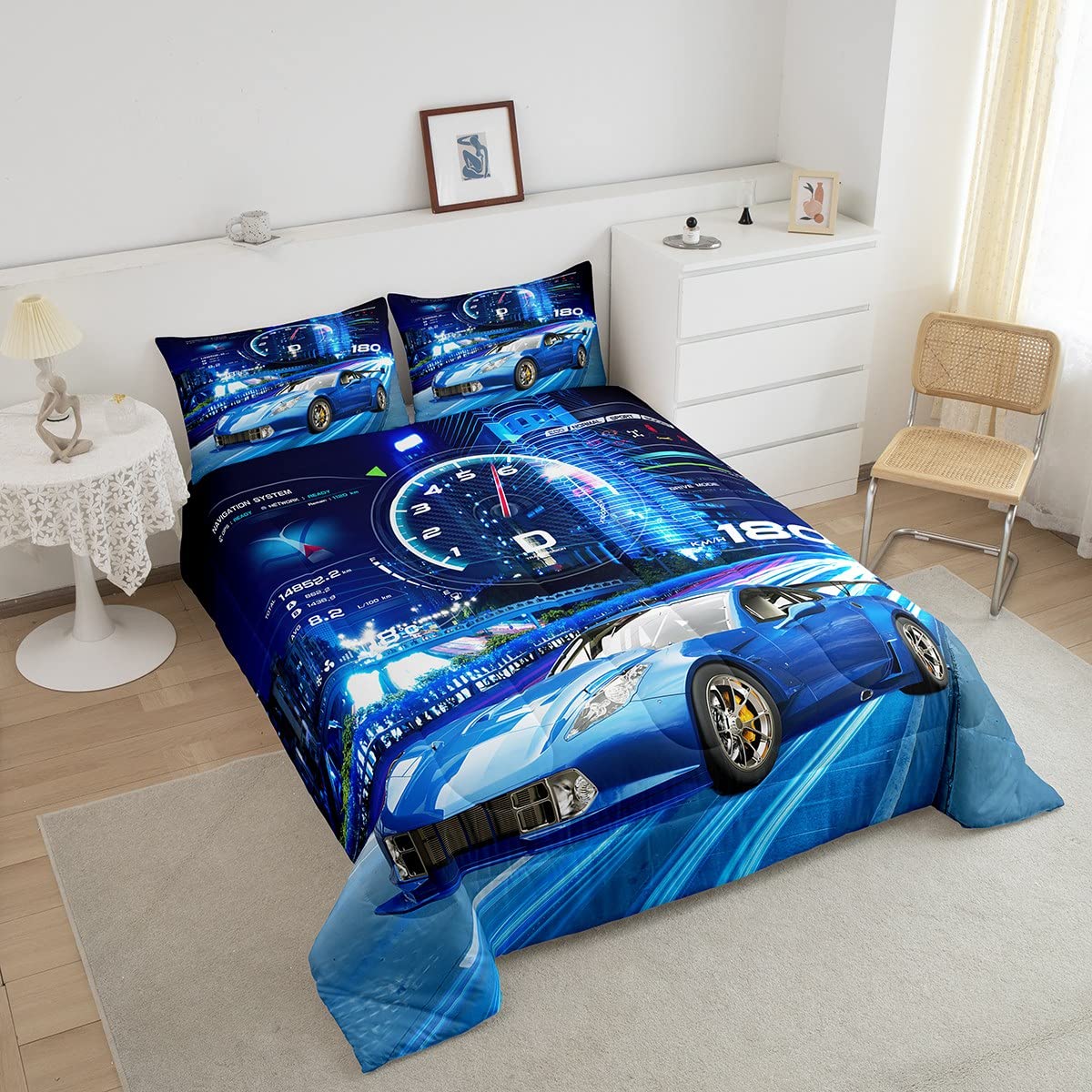 Feelyou Boys Sports Car Comforter Set for Kids - Extreme Sports Bedding Set with 1 Comforter and 1 Pillowcase, Twin Size, Blue
