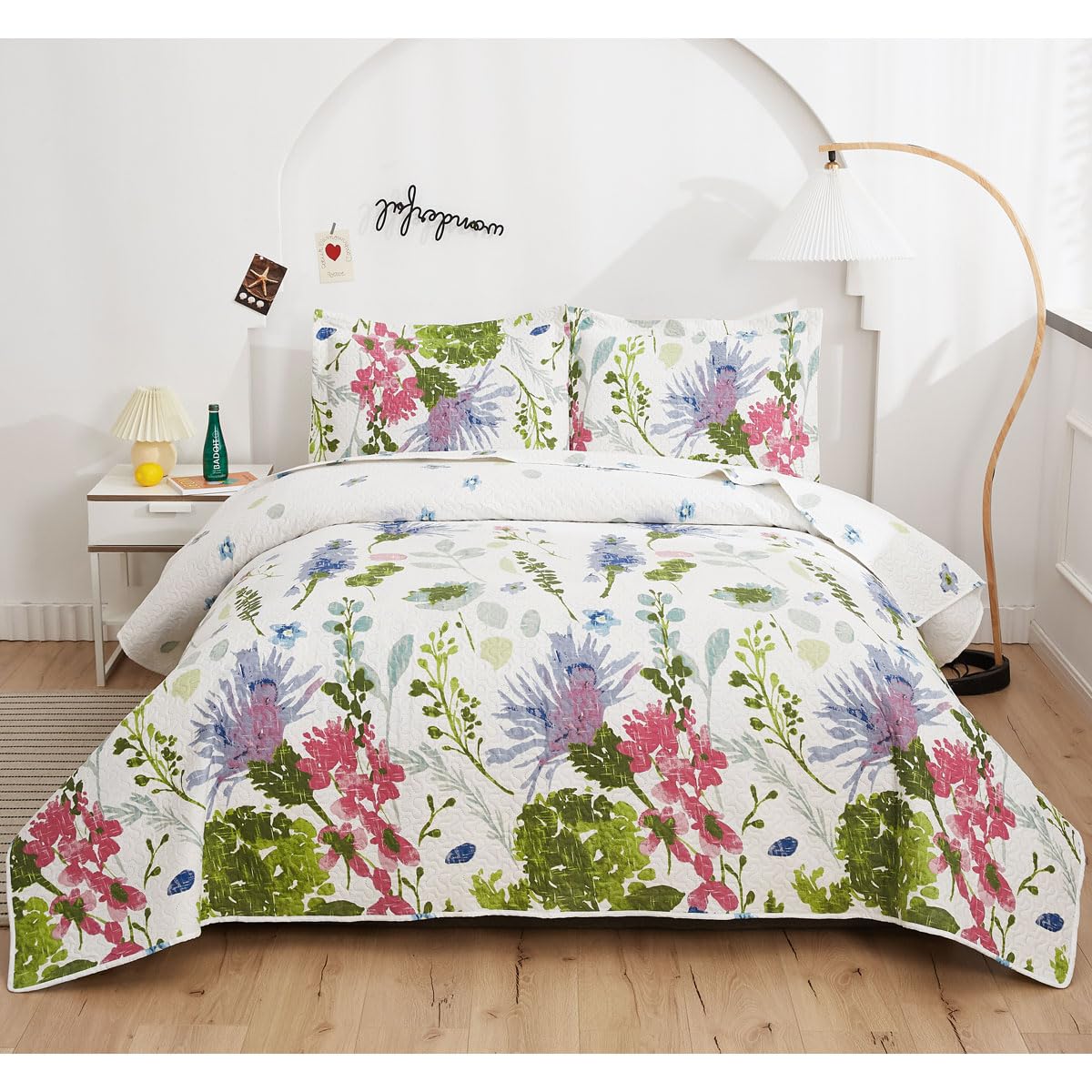 Lightweight Thin Multicolor Botanical Bedspread Coverlet Set King Size Breathable Blue Purple Green White Flower Plant Garden Quilts Bed Cover Floral Bedding with 2 King Random Pillow Shams