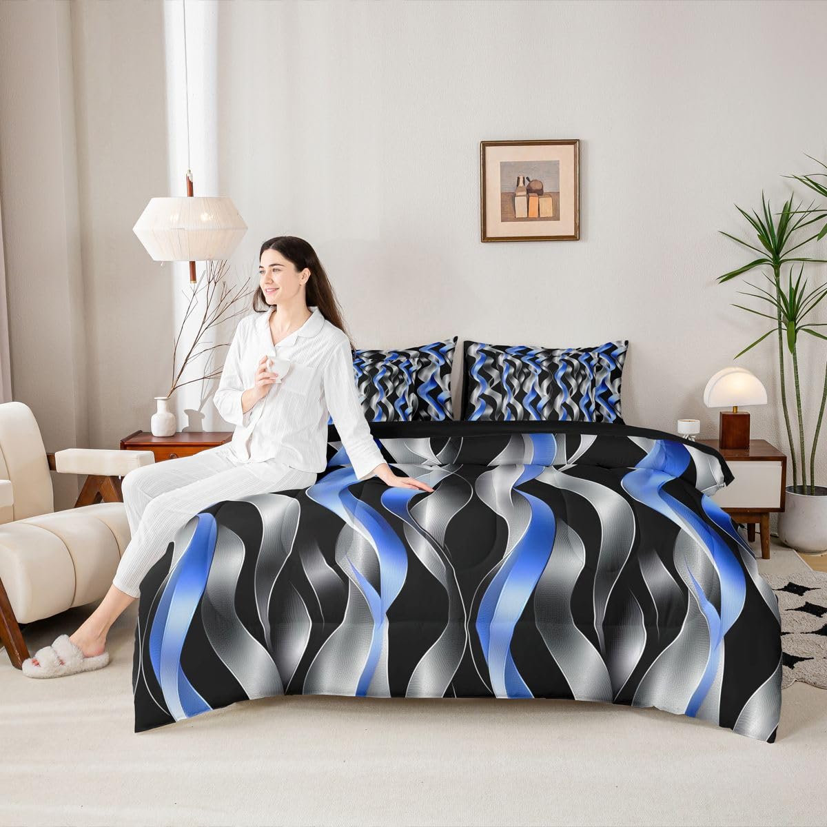 jejeloiu Modern Striped Full Comforter Set with Sheets for Kids Boys Girls Modern Abstract Geometric 7 Pieces Bedding Set Geometric Spiral Pattern Bed in a Bag Room Decor Microfiber
