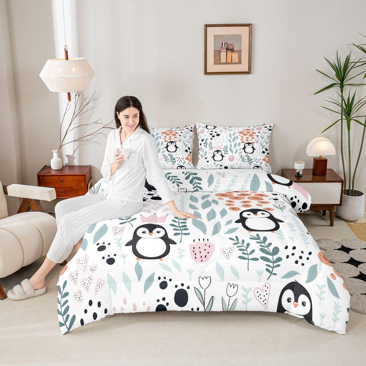 Erosebridal Kawaii Penguin Bedding Set Twin,Cartoon Penguin Comforter Set for Kids Girls Boys,Cute Love Heart Leaf Flower Comforter Set,Paw Print Wildlife Animals Quilt Bed Set with 1 Pillow Case