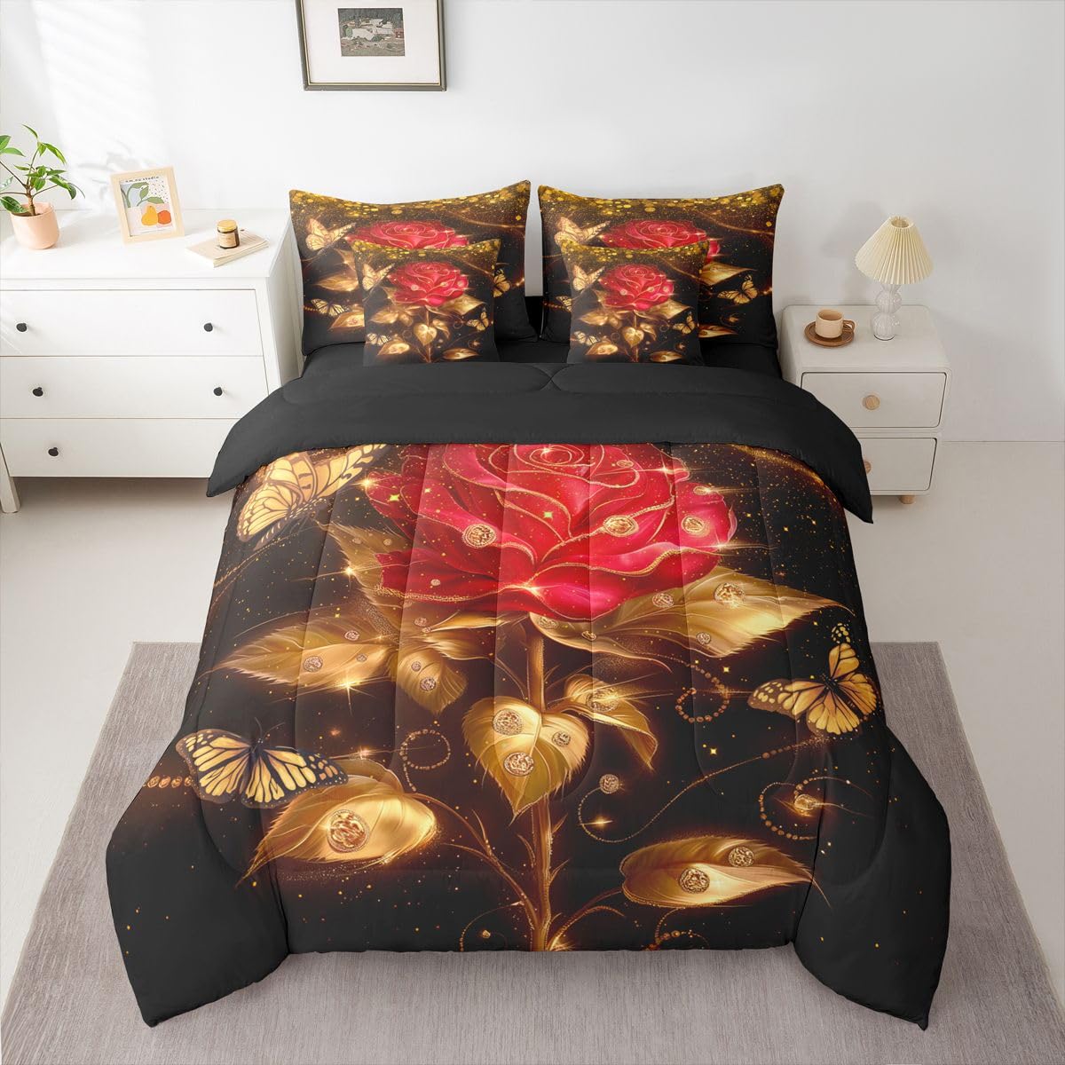 Erosebridal Red Gold Rose Queen Bedding Set 7 Piece Romantic Glitter Butterfly Roses Bed in A Bag with Sheets Valentine Day Gift Comforter Set for Women Men Adults,Golden Floral Flowers Bed Sets