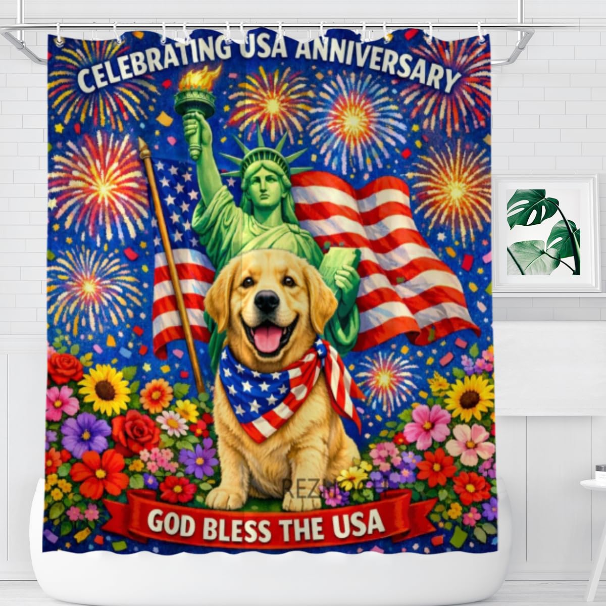 REZHOCH Patriotic Golden Retriever Shower Curtain 72x72Inch,USA Flag Liberty Statue Red White Blue Cute Animal Fireworks Bathroom Decor,Independence Day Waterproof Fabric Bath Curtain