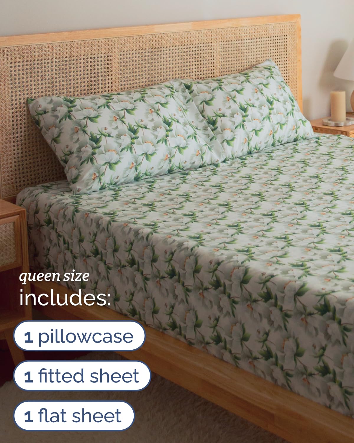 Floral Sheets - Flower Print Bed Sheet Set - 1 Flat, 1 Fitted & 2 Pillowcases w/ Deep Pockets - Comfy, Cozy, Wrinkle & Fade Free - Boho Botanical Bedding - Soft, Breathable & Cooling - Queen Size Set