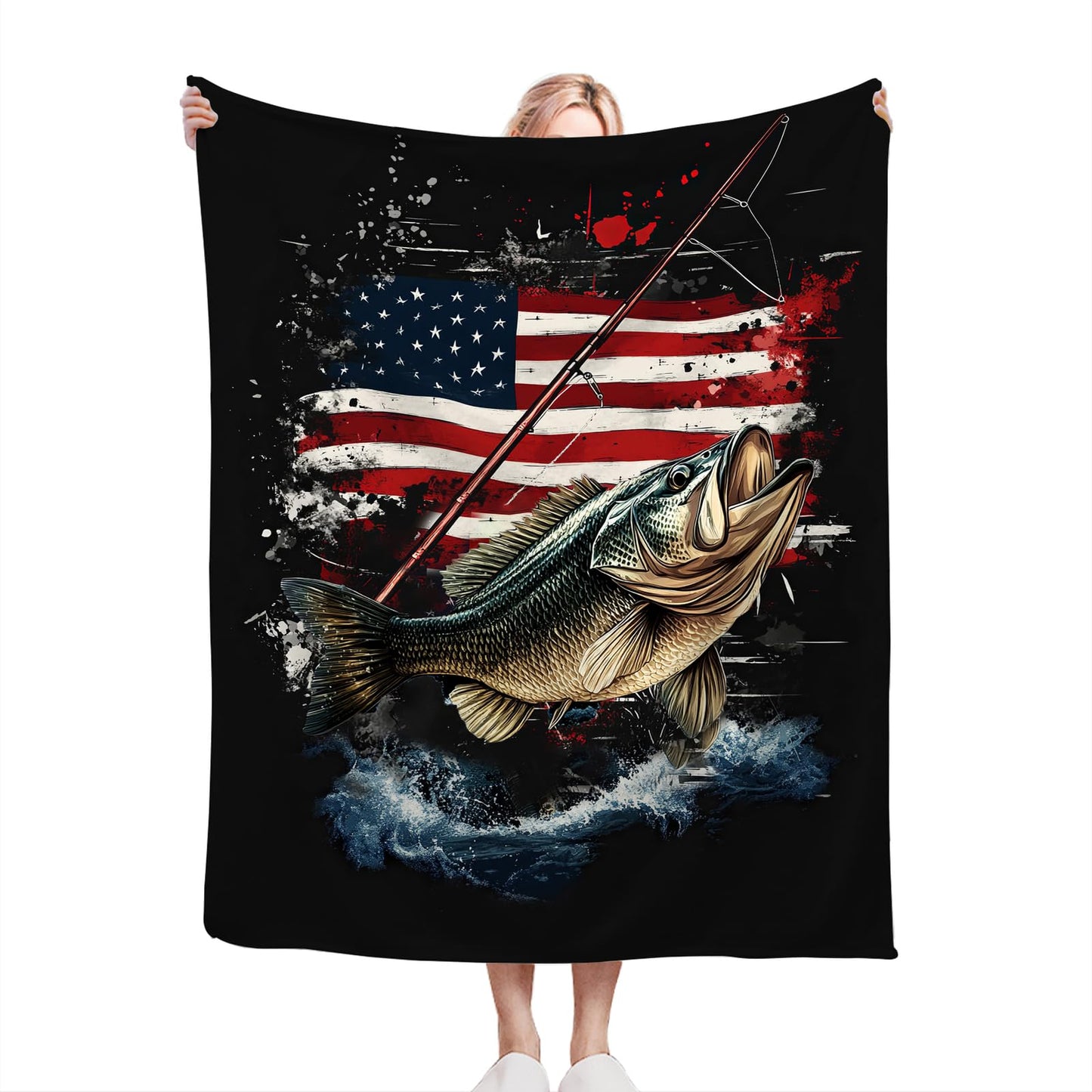 Fishing Blanket American Flag Fish Throw Blanket Soft Warm Cozy Fuzzy Plush Gifts for Girls Women Lightweight Fleece Flannel Stuff Decor Gift for Kids Adults 50"X40"