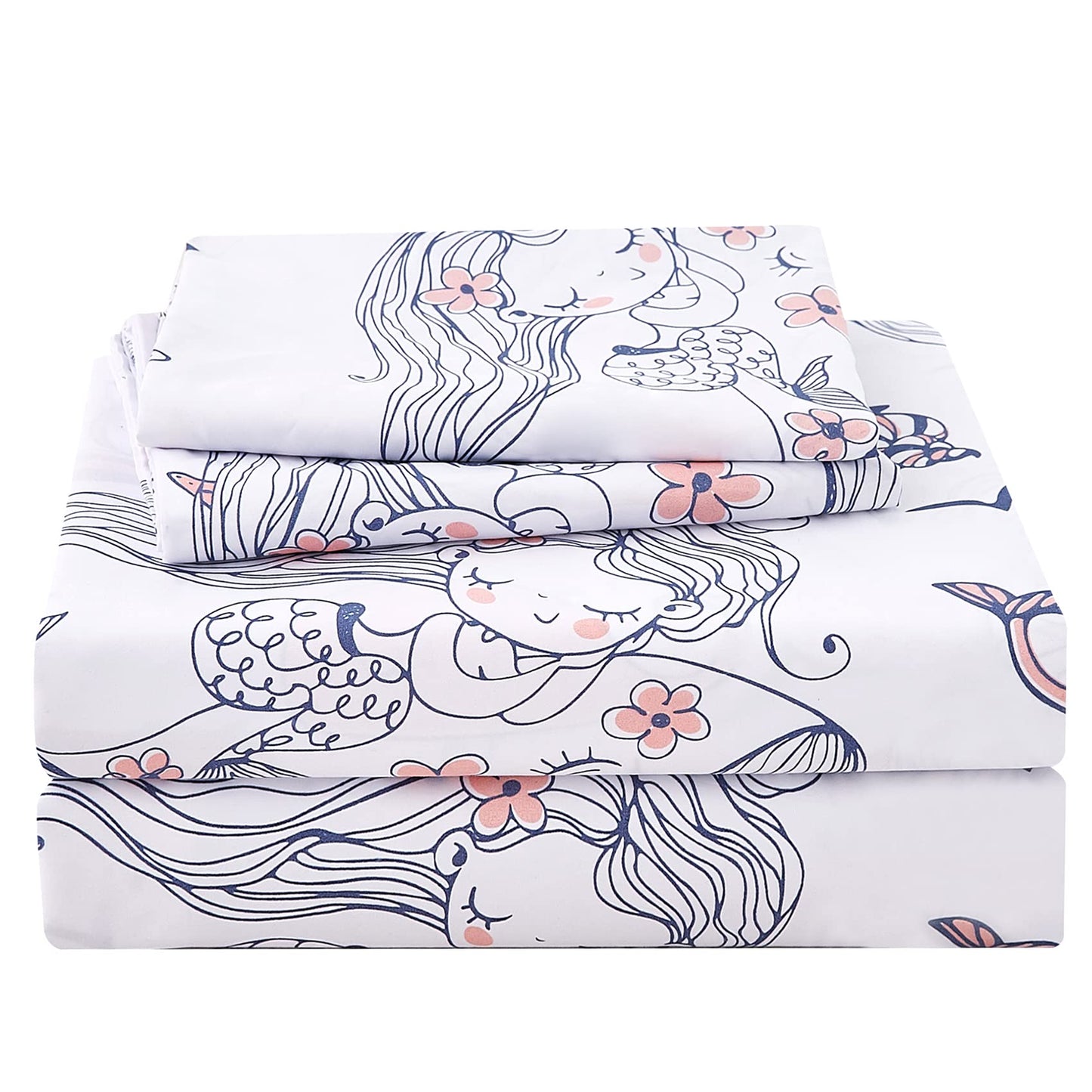 JSD Mermaid Girls Sheet Set Twin Size, 3 Piece Ocean Theme Microfiber Kids Bed Sheets Deep Pocket
