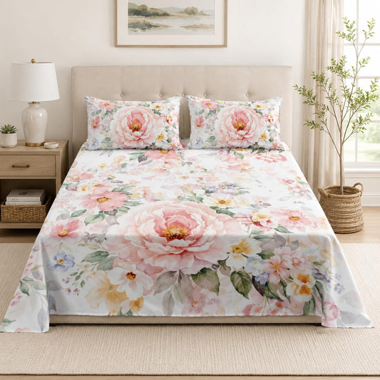 YIYEA Queen Sheet Set, Luxury 1800TC Hotel Quality Double Brushed Microfiber Floral Bed Sheets for Queen Size Bed, Ultra Soft, Deep Pocket, Shrinkage and Fade Resistant, 4PC, Queen