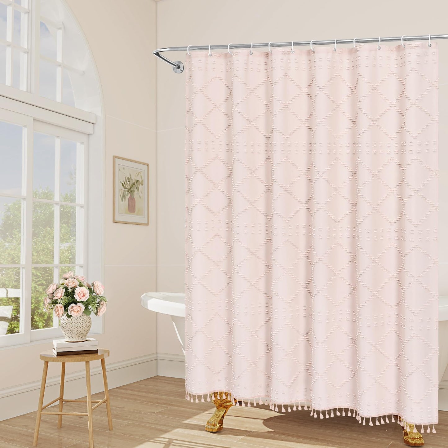 Craidlela Boho Light Pink Woven Fabric Shower Curtain with Tassel 72 x 72 Modern Farmhouse Minimalist, Pink Bohemia Tufted Chevron Striped Chic Textured, Waterproof Cloth Curtain for Bathroom